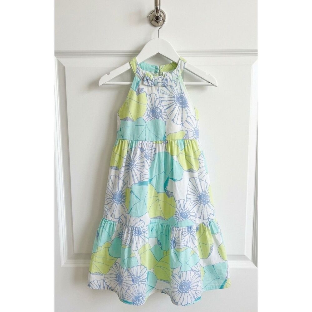 Lilly Pulitzer Kids Girls Tiered Halter Dress Floral Blue Green White Bow Neck